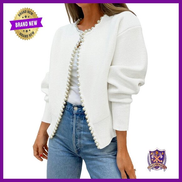 Open Front Cardigan Sweater with Pearl Trim, Knit Long Sleeve Outerwear